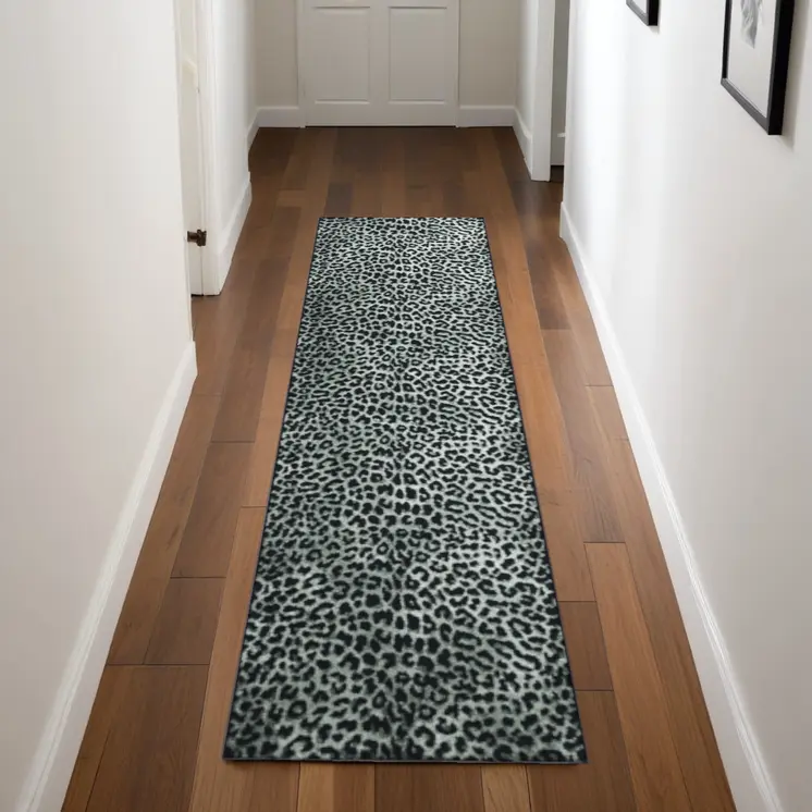 2' X 8' Black and Gray Leopard Print Shag Handmade Non Skid Runner Rug