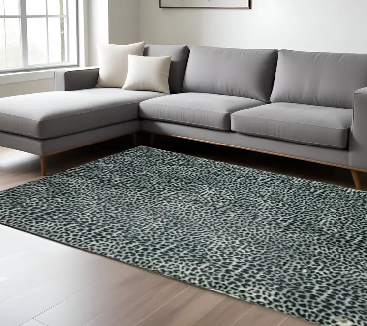 8' X 10' Black and Gray Leopard Print Shag Handmade Non Skid Area Rug