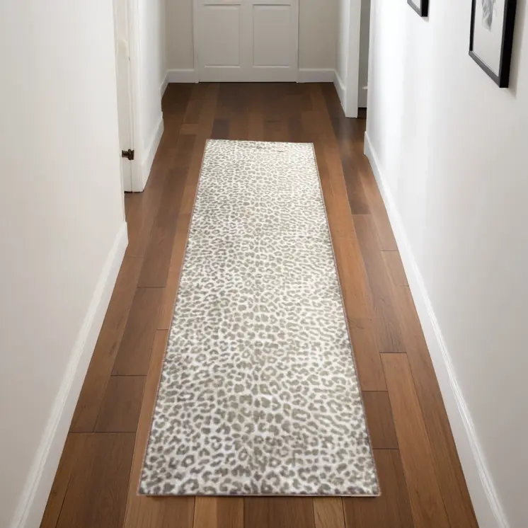 2' X 8' Beige and Cream Leopard Print Shag Handmade Non Skid Runner Rug