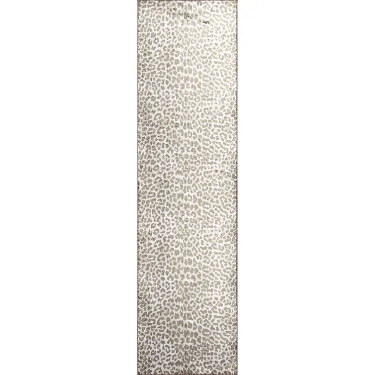 2' X 8' Beige and Cream Leopard Print Shag Handmade Non Skid Runner Rug