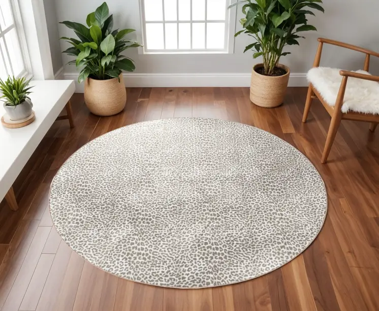 8' X 8' Beige and Cream Leopard  Round Shag Handmade Non Skid Area Rug