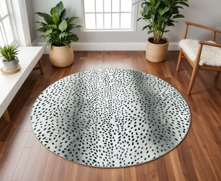 8' X 8' Black Round Gazelle Print Shag Handmade Non Skid Area Rug