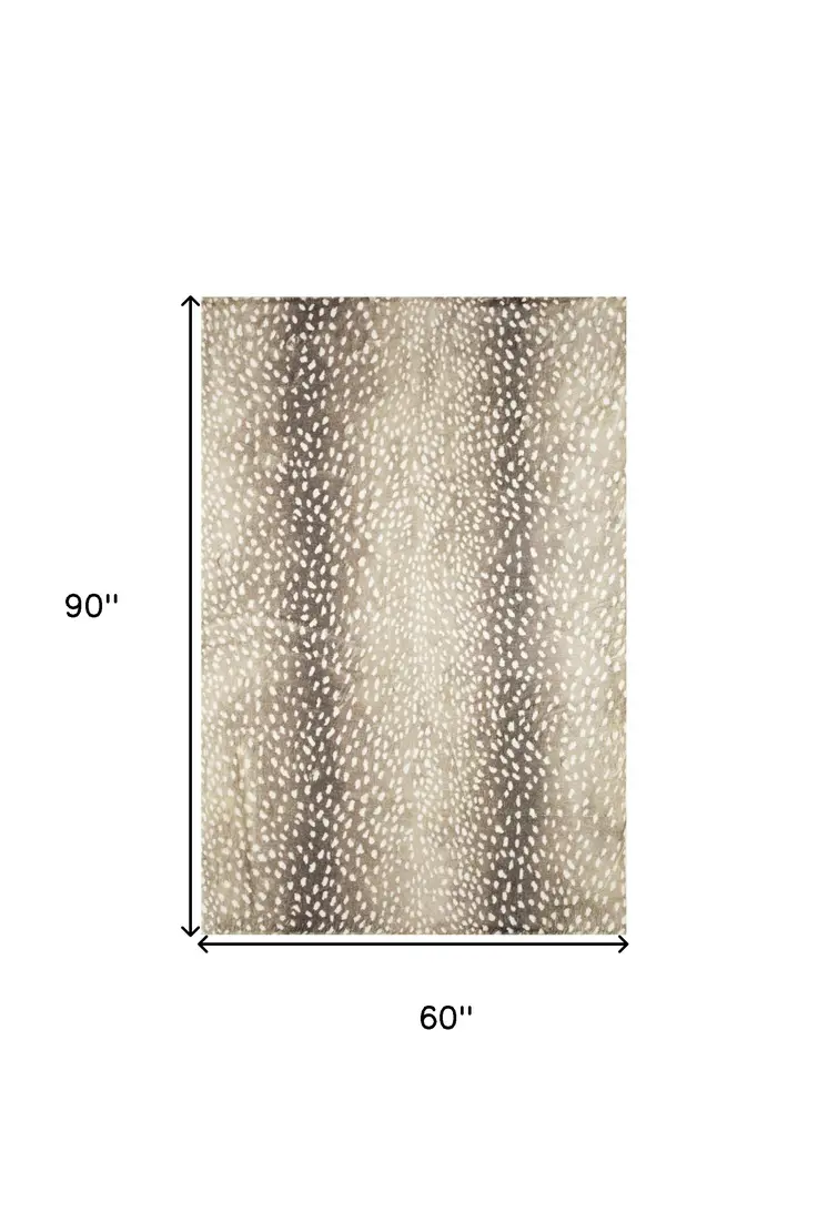 5' X 8' Beige Gazelle Print Shag Handmade Non Skid Area Rug
