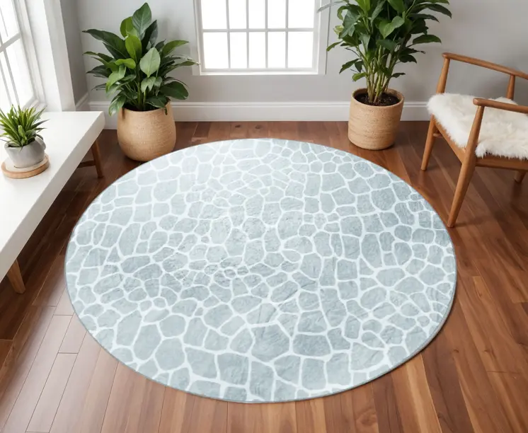 8' Gray and Ivory Round Animal Print Handmade Non Skid Area Rug