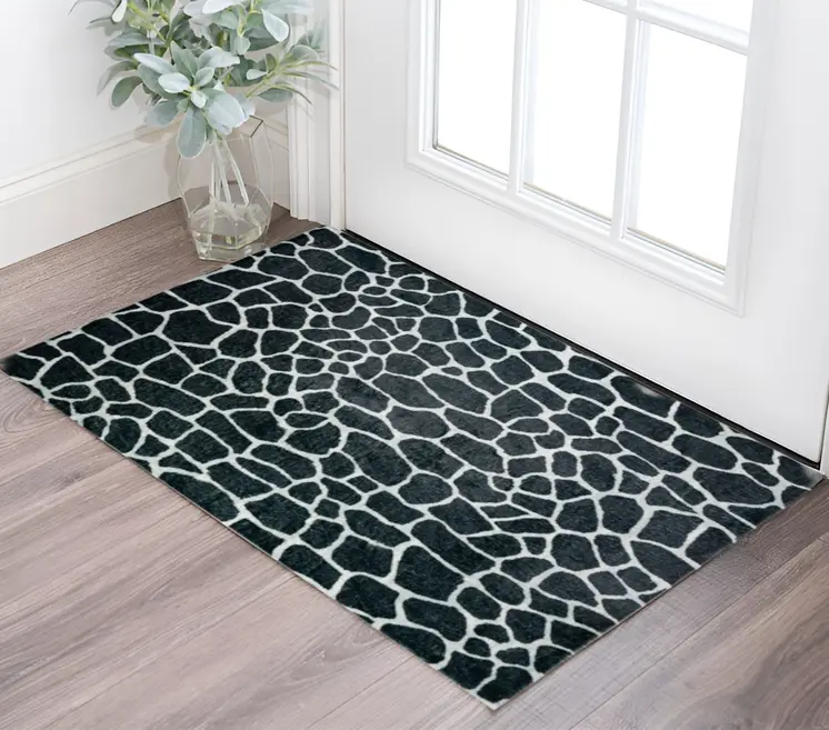 3' X 5' Black and White Croc Print Shag Handmade Non Skid Area Rug