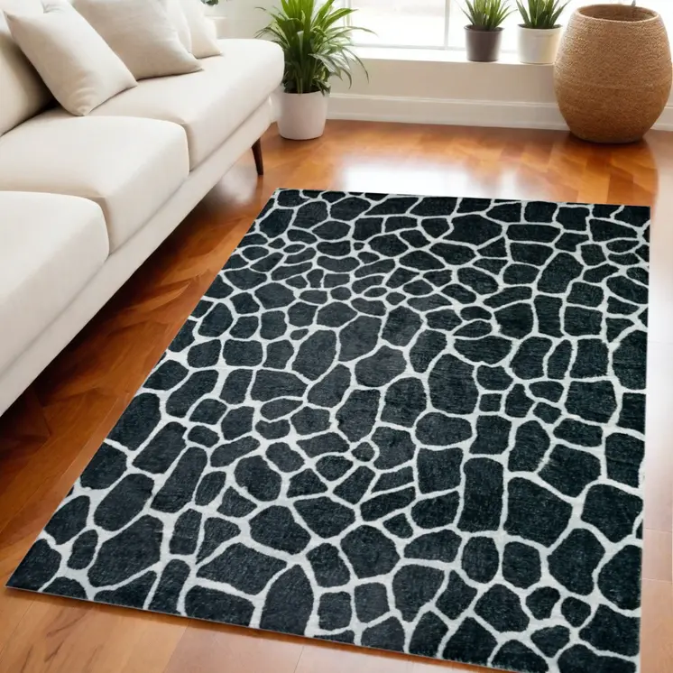 5' X 8' Black and White Croc Print Shag Handmade Non Skid Area Rug