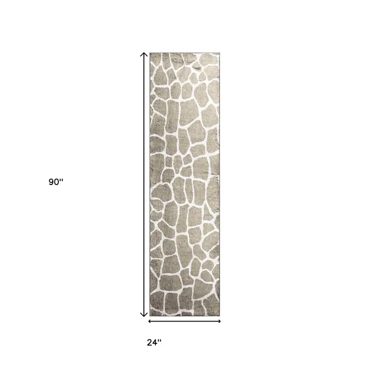 2' X 8' Beige Giraffe Print Shag Handmade Non Skid Runner Rug