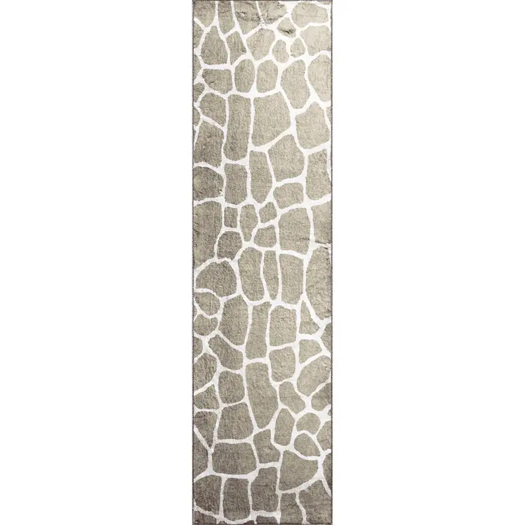 2' X 8' Beige Giraffe Print Shag Handmade Non Skid Runner Rug