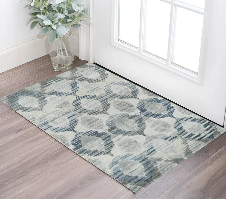3' X 5' Blue and Ivory Geometric Area Rug
