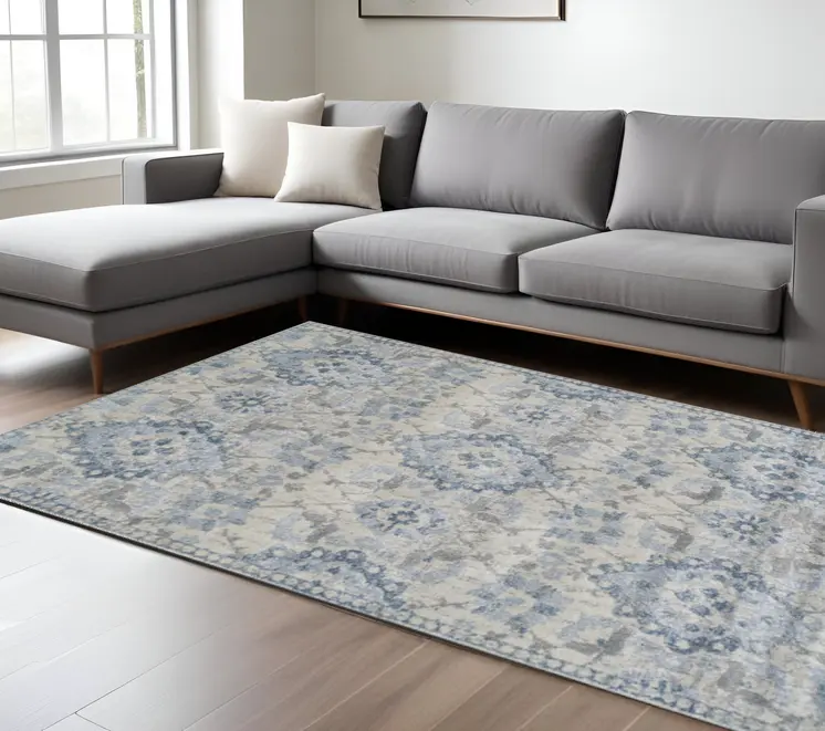 10' X 13' Blue Oriental Distressed Area Rug