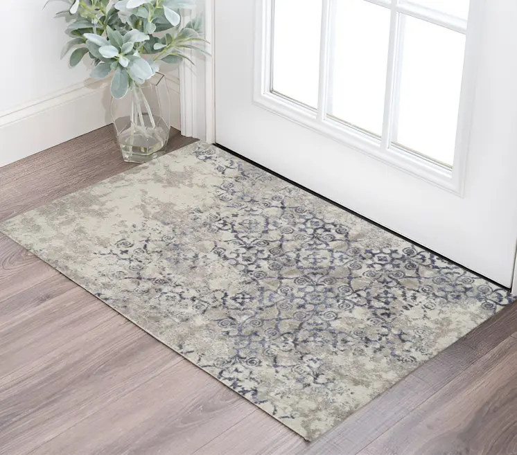 3' X 5' Blue and Ivory Oriental Distressed Area Rug