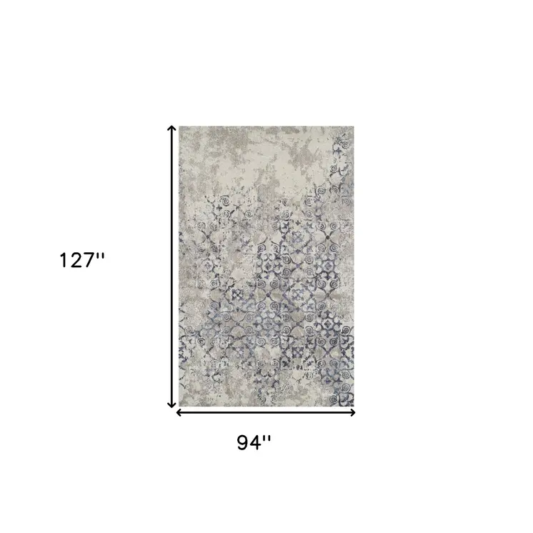 8' X 11' Blue and Ivory Oriental Distressed Area Rug