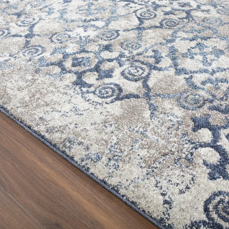 10' X 13' Blue and Ivory Oriental Distressed Area Rug