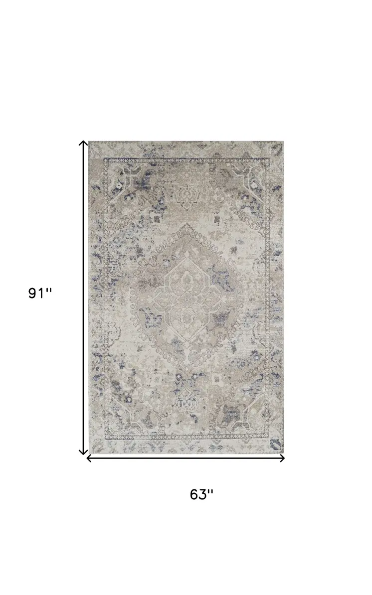5' X 8' Ivory Oriental Distressed Area Rug