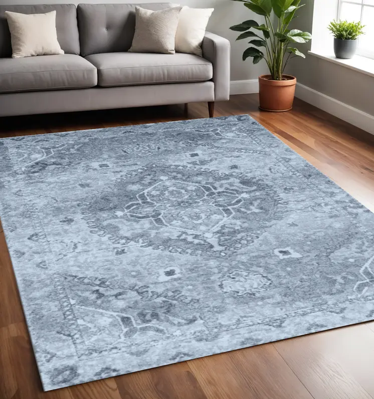 5' X 8' Blue and Ivory Oriental Distressed Area Rug