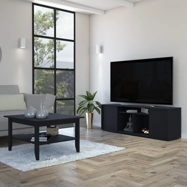 59" Black Open shelving TV Stand and Coffee Table
