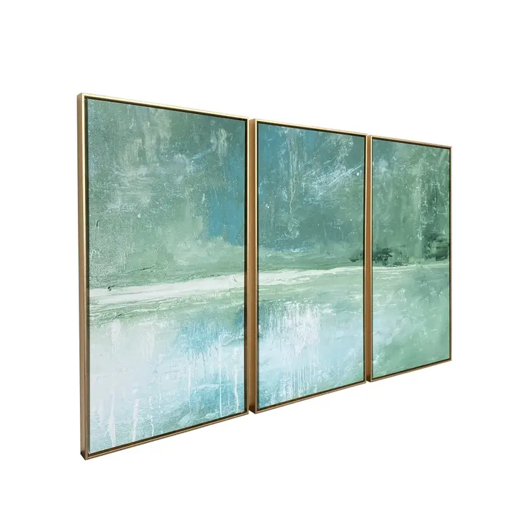 Set Of Three Blue Green Abstract Water with Gold Floater Frame Painting Wall Art