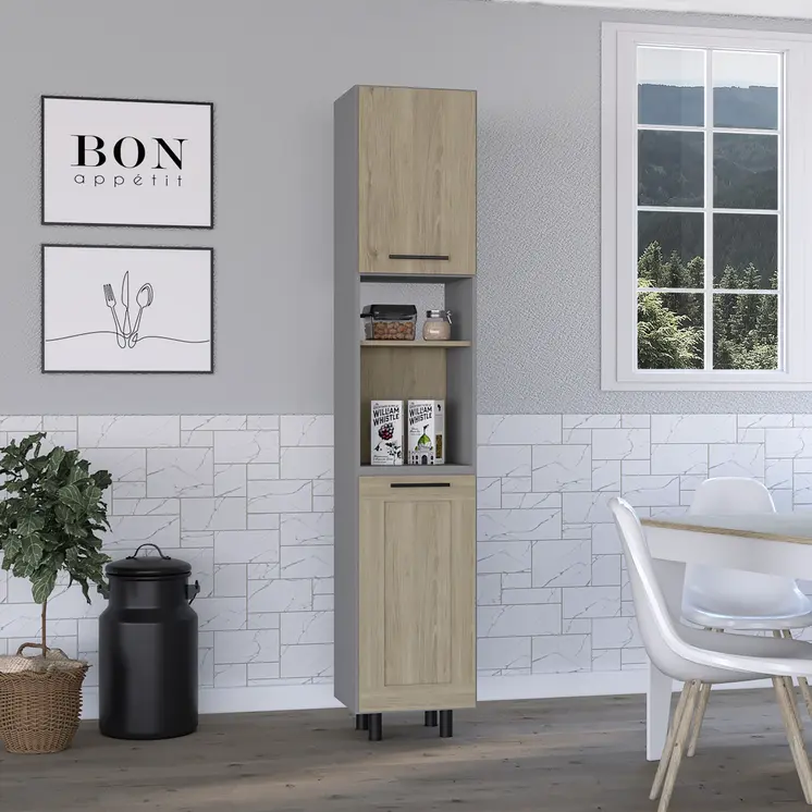 82" Gray And Oak Wood Pantry Or Storage Closet