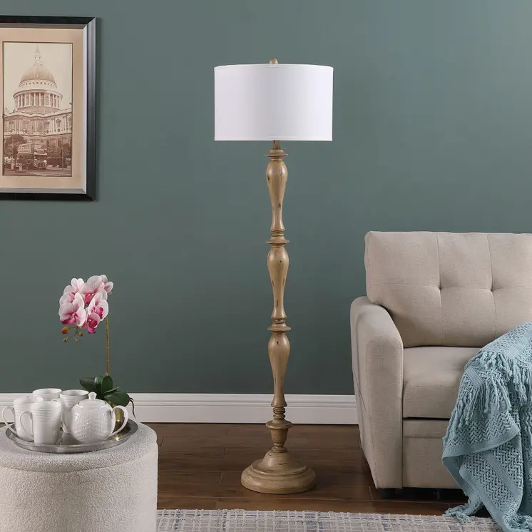 62" Brown And White Polyresin Floor Lamp With White Fabric Shade