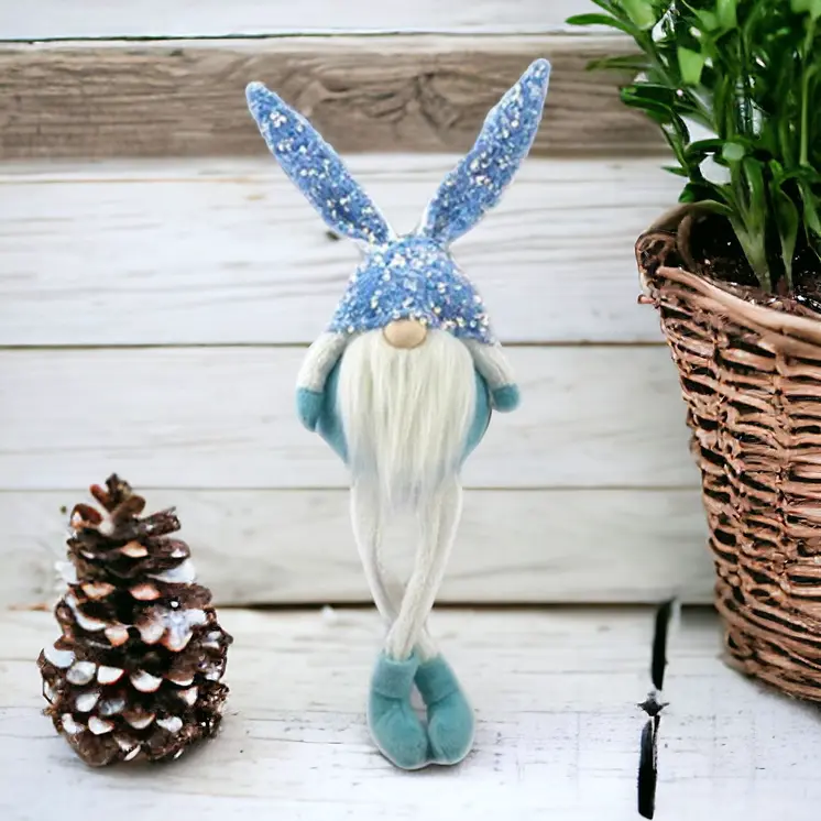20" Blue and White Fabric Rabbit Easter Standing Gnome Tabletop Sculpture