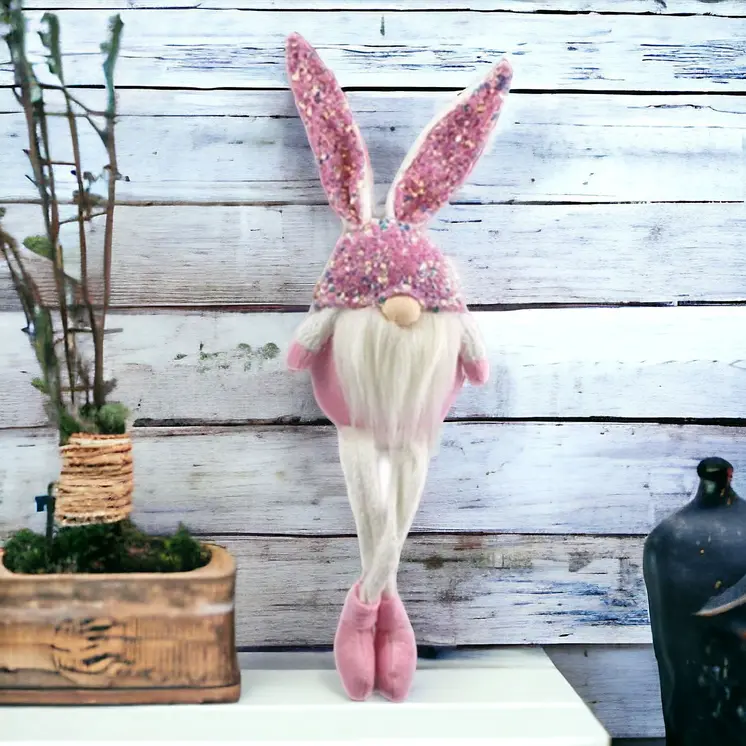 20" Pink and White Fabric Rabbit Easter Standing Gnome Tabletop Sculpture