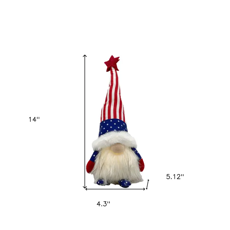 14" Red White and Blue Fabric Independence Day Standing Gnome Tabletop Sculpture with LED