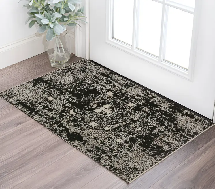 3' X 5' Black Oriental Area Rug With Fringe