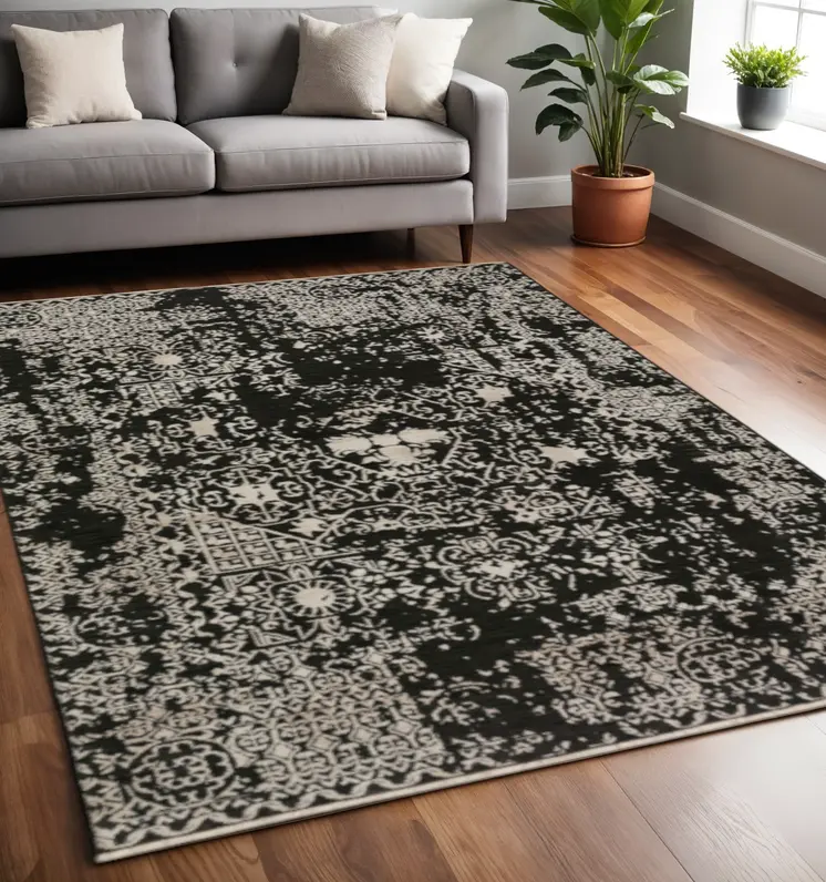 5' X 8' Black Oriental Area Rug With Fringe