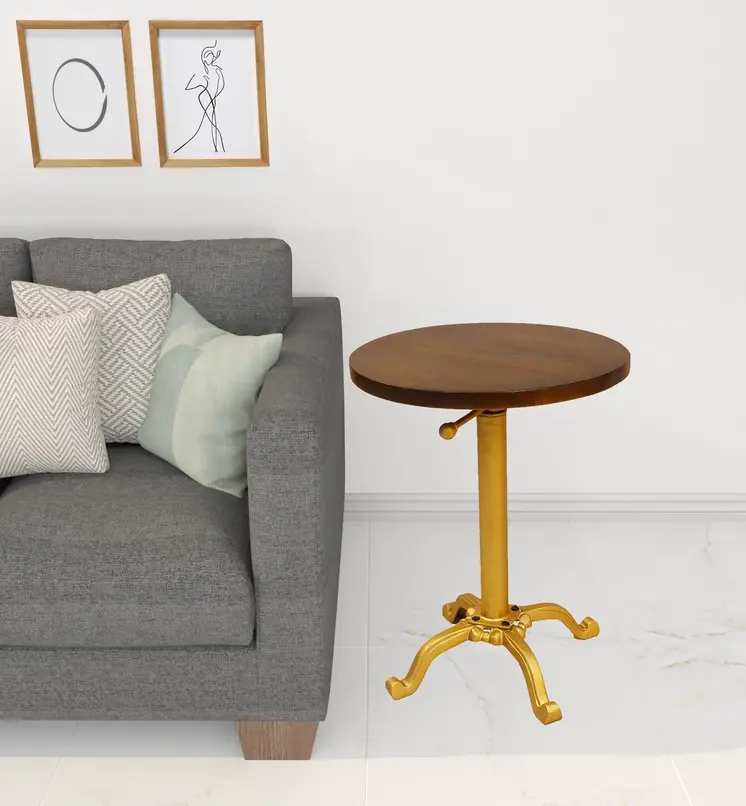 22" Gold And Elm Solid Wood Round End Table