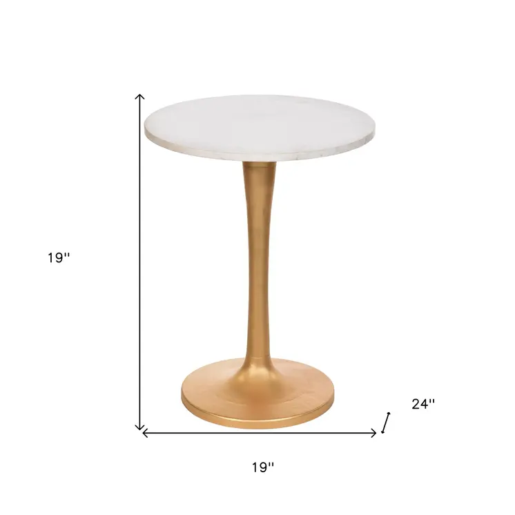 19" Gold And White Marble Round End Table