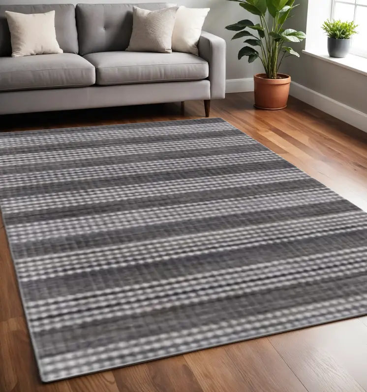 5' X 8' Dark Grey And White Striped Hand Loomed Area Rug