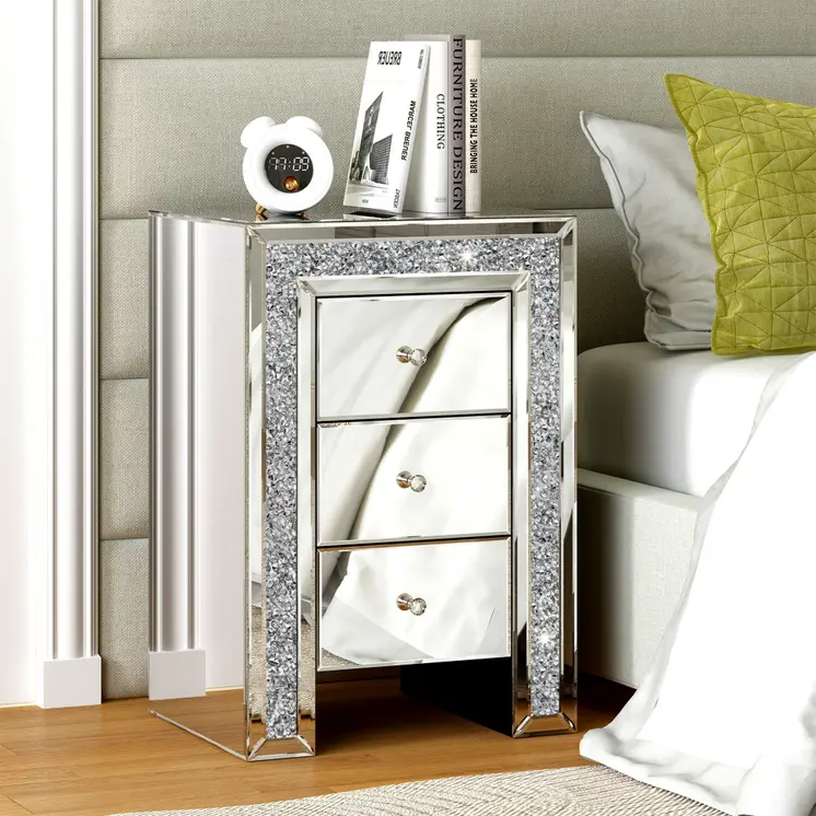 27" Silver Wood and Mirror And Mirrored Glass Three Drawer Nightstand