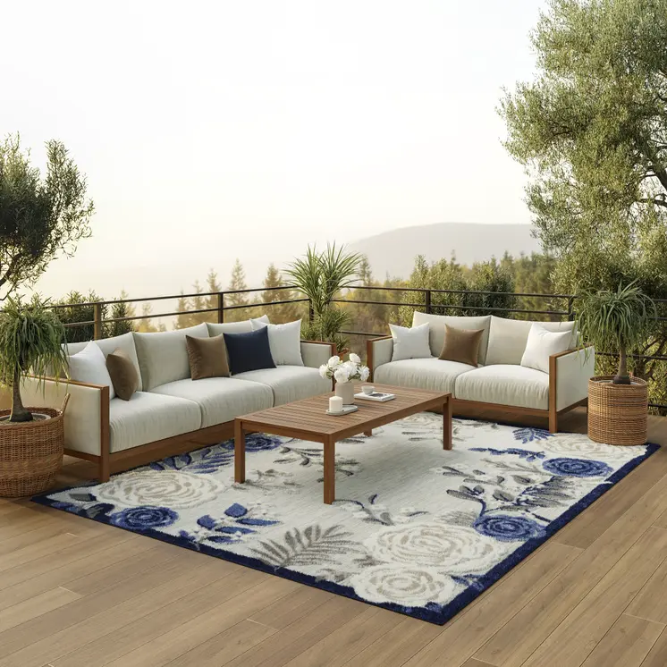 9' X 12' Blue And Grey Floral Stain Resistant Non Skid Area Rug