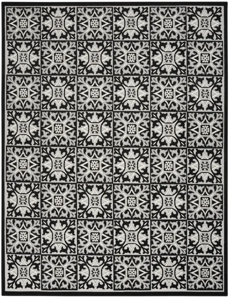 9' X 12' Black And White Fleur De Lis Stain Resistant Non Skid Area Rug