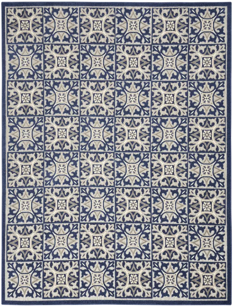 9' X 12' Blue Fleur De Lis Stain Resistant Non Skid Area Rug