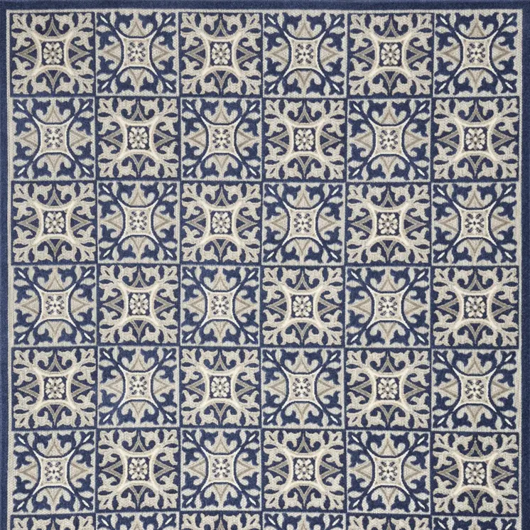9' X 12' Blue Fleur De Lis Stain Resistant Non Skid Area Rug