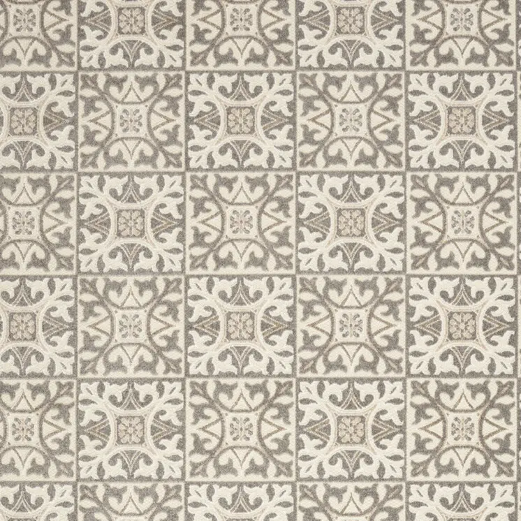 9' X 12' Ivory And Grey Fleur De Lis Stain Resistant Non Skid Area Rug