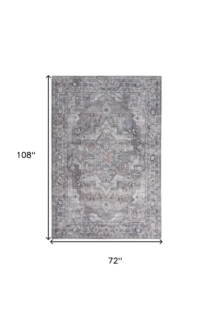6' X 9' Grey Medallion Distressed Washable Area Rug