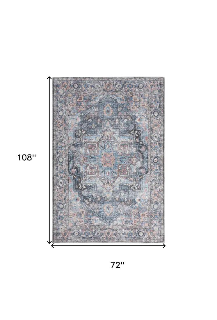 6' X 9' Light Blue And Orange Medallion Distressed Washable Area Rug