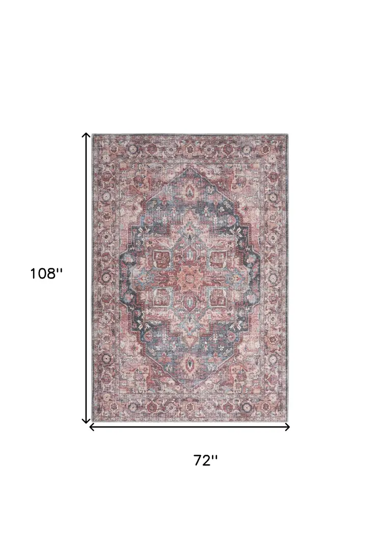 6' X 9' Blue And Pink Medallion Distressed Washable Area Rug