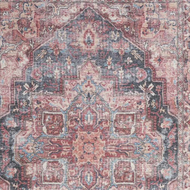 6' X 9' Blue And Pink Medallion Distressed Washable Area Rug