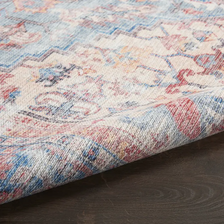 6' X 9' Blue And Orange Medallion Distressed Washable Area Rug