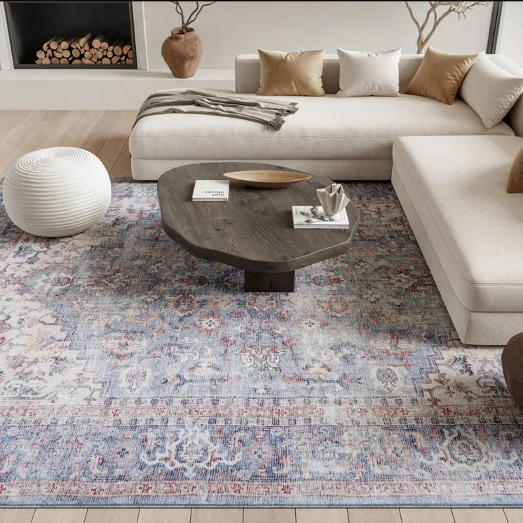 6' X 9' Blue And Orange Medallion Distressed Washable Area Rug