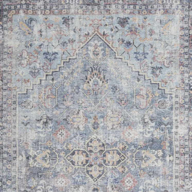 6' X 9' Light Grey And Blue Medallion Distressed Washable Area Rug