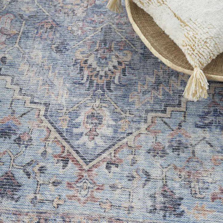 6' X 9' Light Grey And Blue Medallion Distressed Washable Area Rug