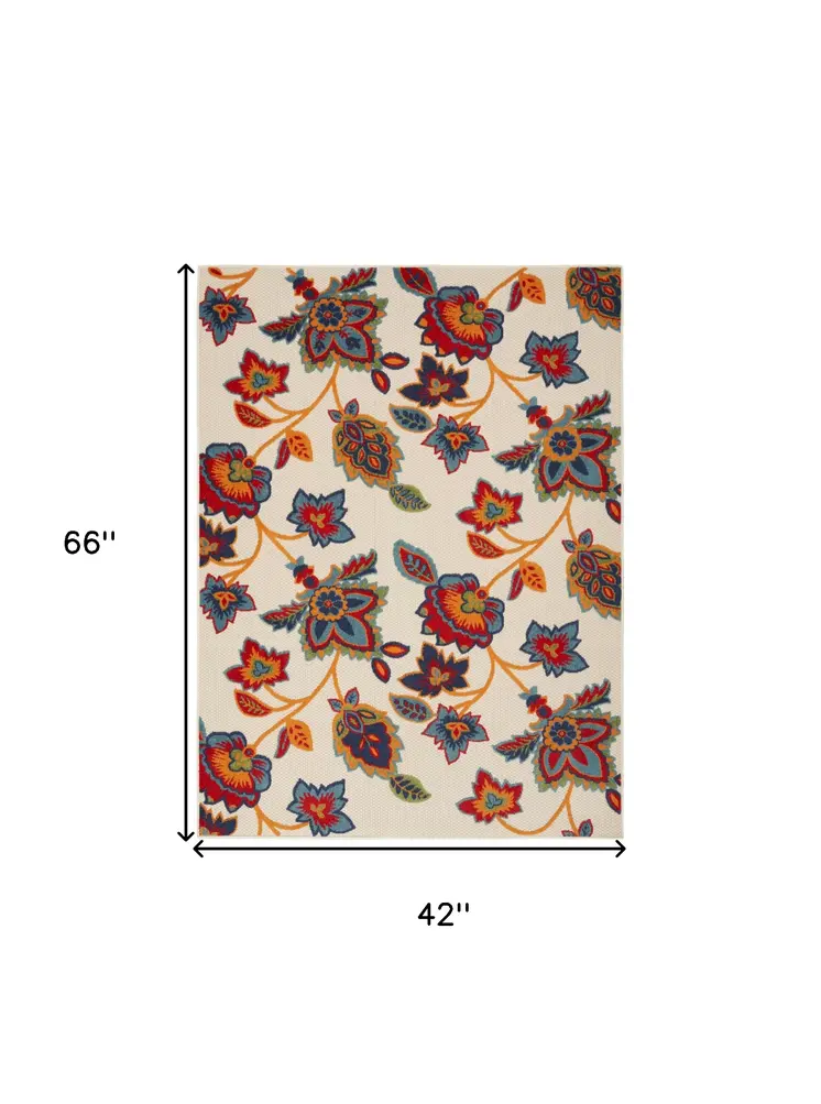 4' X 6' Gray Blue and Orange Floral Non Skid Indoor Outdoor Area Rug