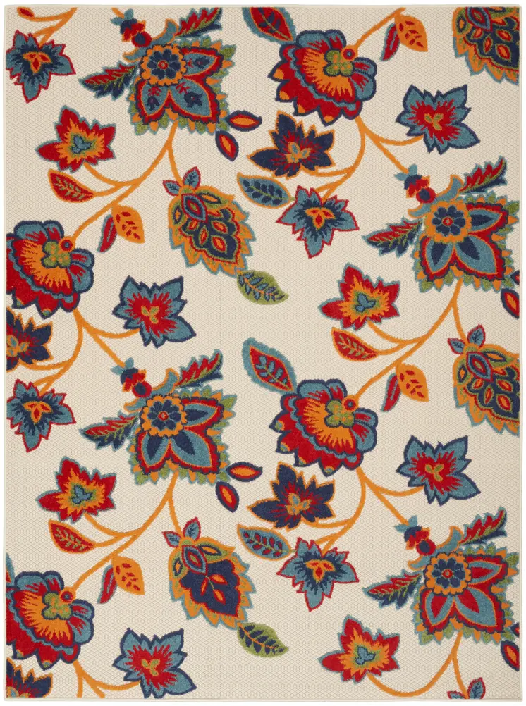 5' X 8' Gray Blue and Orange Floral Non Skid Indoor Outdoor Area Rug