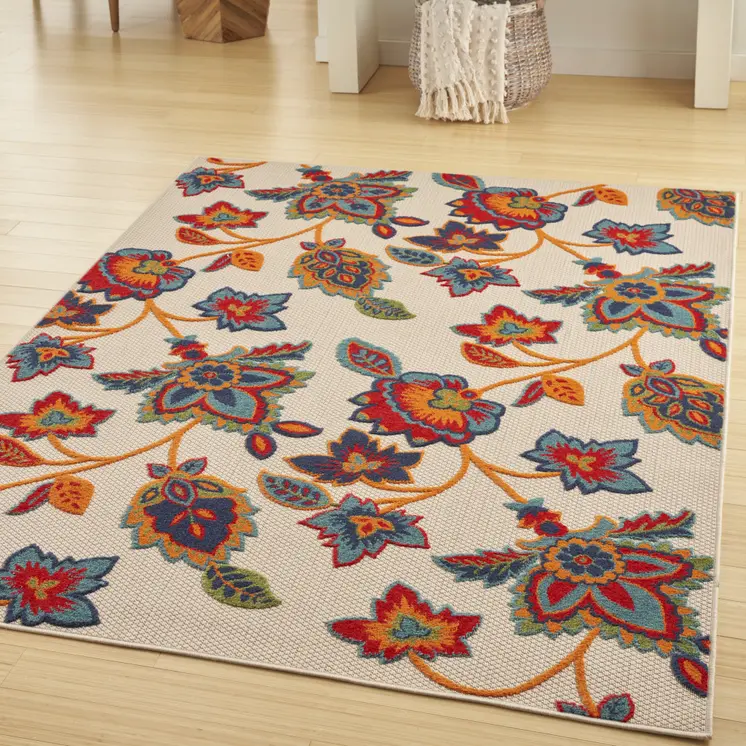 5' X 8' Gray Blue and Orange Floral Non Skid Indoor Outdoor Area Rug
