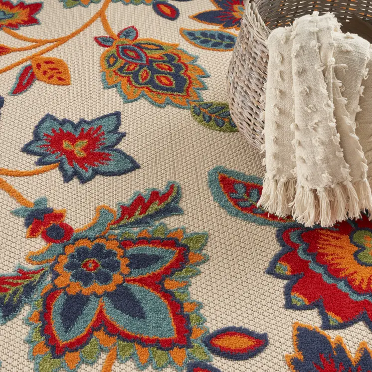 5' X 8' Gray Blue and Orange Floral Non Skid Indoor Outdoor Area Rug