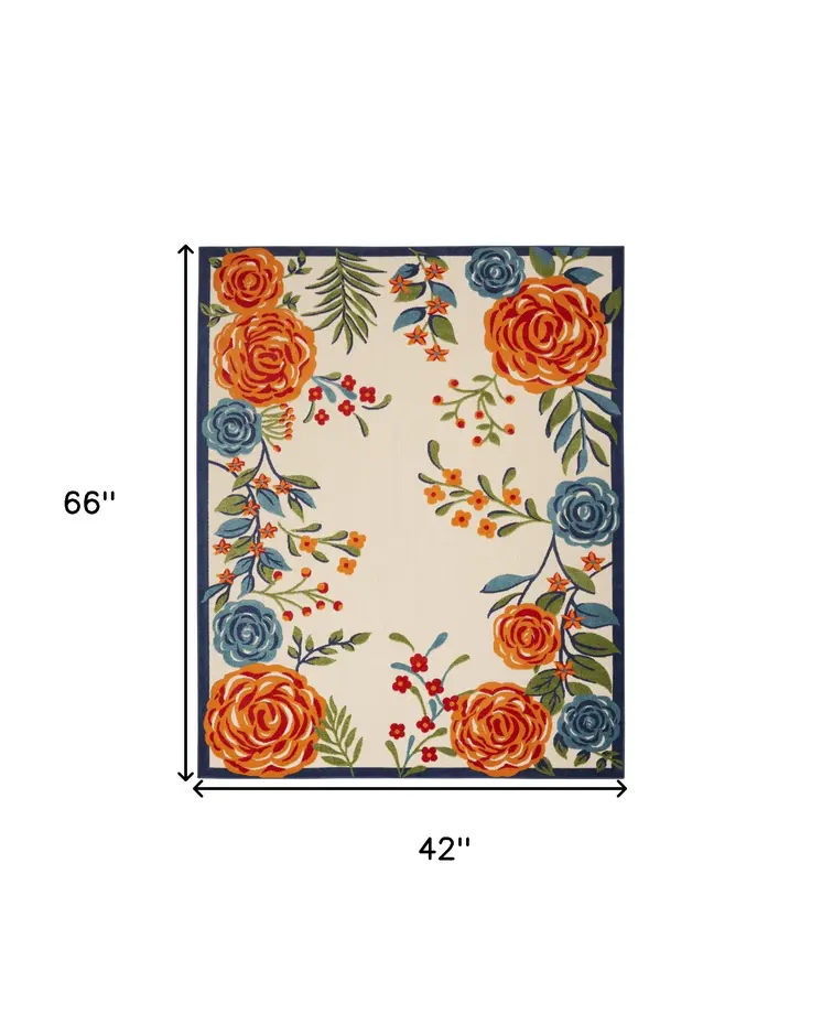 4' X 6' Ivory Blue and Orange Floral Non Skid Indoor Outdoor Area Rug